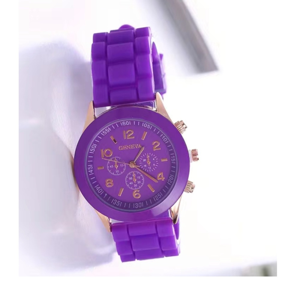 NEW Geneva Quartz Watch PURPLE Triple Dial Silicone Band Sports Utility